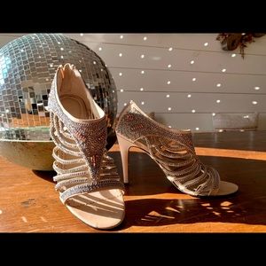 Jean Michel Cazabat nude shoe w elaborate mixed metal embellishment.